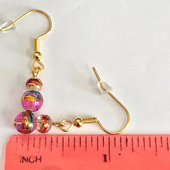 Pink Aqua Blue Murano Glass Earrings Bead Hand Painted Round Gold Plated Dangle - Picture 12 of 13